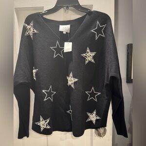 NWT LIV Black Star Embellished V-Neck Sweater